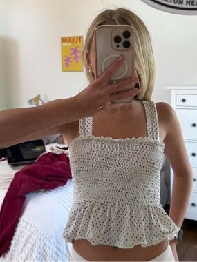 Urban Outfitters White Polka Dot Smocked Ruffle Tank Top